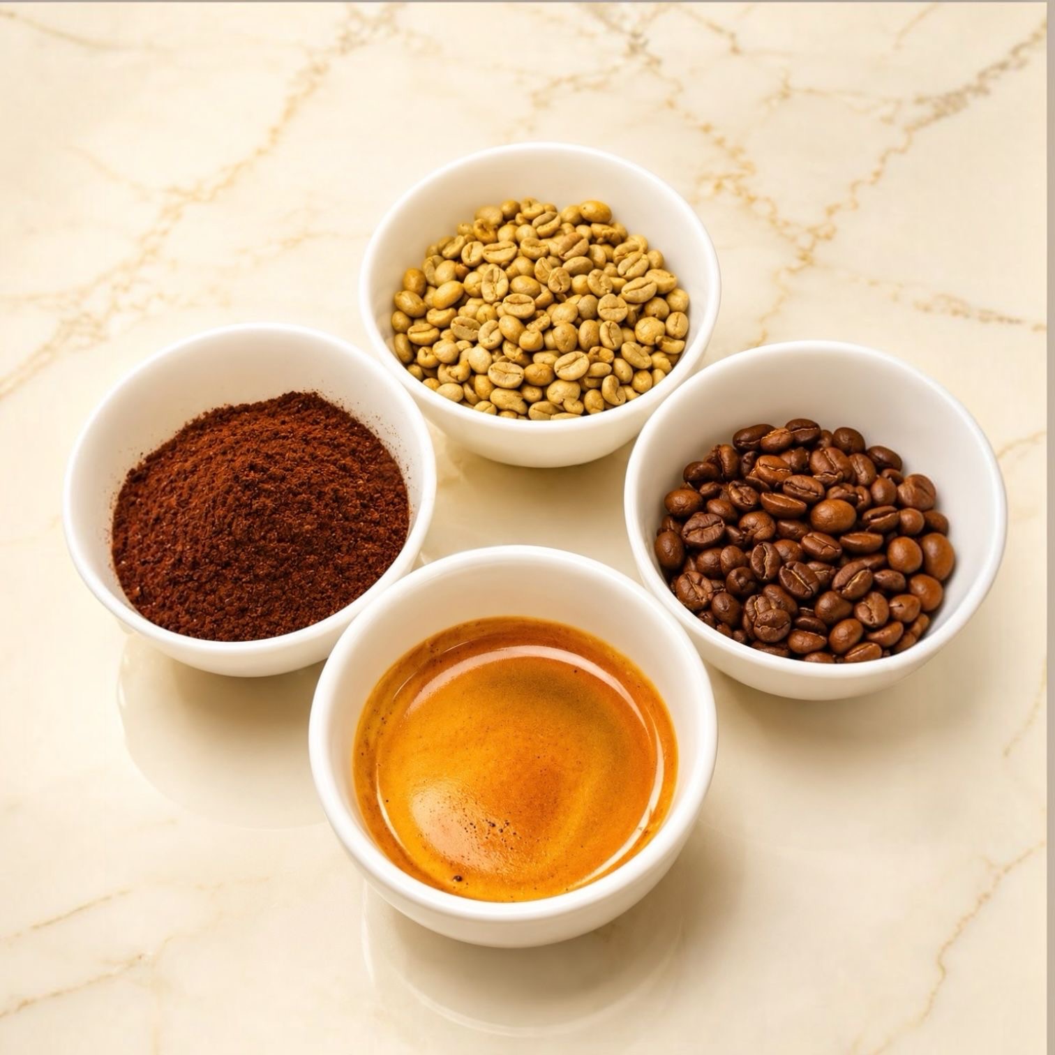Coffee beans, ground coffee and espresso