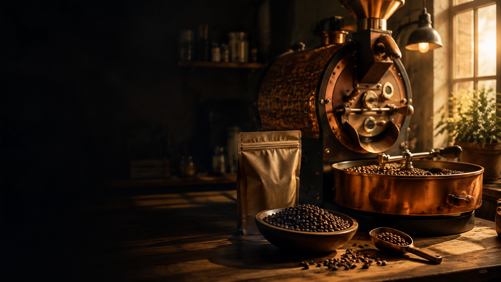 Freshly roasted coffee beans and roastery equipment
